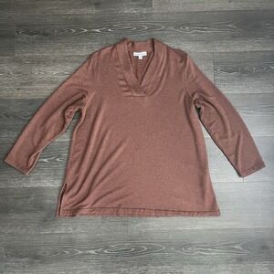 Pure Jill Tranquility Fleece V-Neck Tunic Sweater Brown Women Size XL Soft‎
